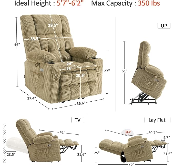 MCombo Dual Motor Large Power Lift Recliner Chair for Elderly, Lay Flat Lift Chair with Heat and Massage, Big Lift Recliner for Tall People, Cup Holders, Fabric 7896 (Beige, Large)