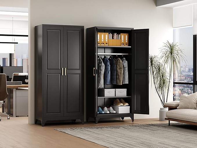 Metal Armoire Wardrobe Closet with Hanging Rod, 71" Tall Wardrobe Cabinet for Clothes, Black Clothing Storage Cabinet with Doors and Shelves, Large Wardrobes for Bedroom, Office, School, Gym