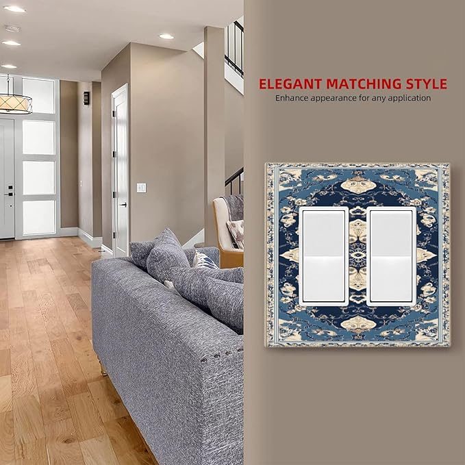 Decorative Outlet Covers Boho Beige Navy Blue Medallion 2 Gang Light Switch Cover Plate Double Rocker Wall Plate Gfci Switch Plate Covers for Country Bathroom Bedroom Decor