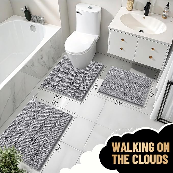 OLANLY Thick Toilet Rugs U-Shaped 24x20, Extra Soft Absorbent Chenille Striped Contour Bathroom Rugs for Toilet, Dry Quickly, Machine Washable, Non-Slip Bath Mat, Grey