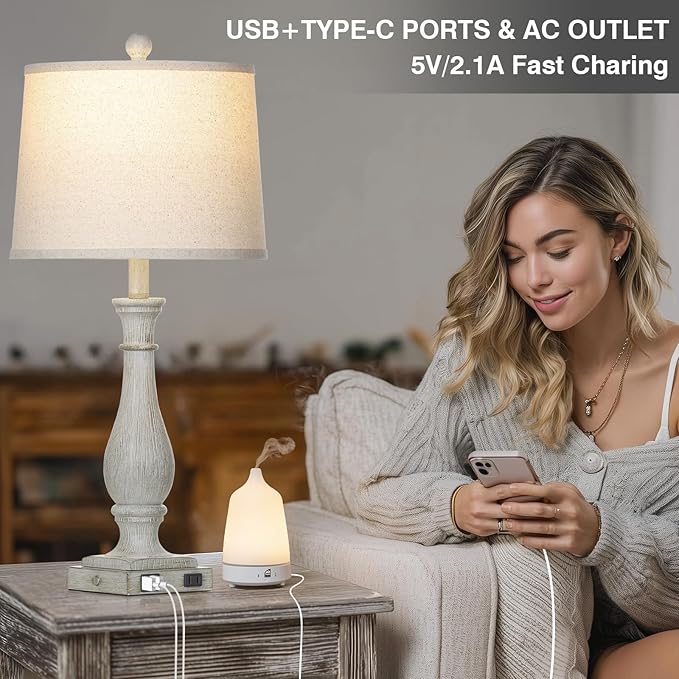 27.5" Grey Farmhouse Lamps Set of 2, Vintage Living Room Table Lamps with USB C+A Ports & AC Outlet, 3-Way Touch Control Bedside Lamp, Rustic Resin Bedroom Lamp for Nightstand Side Table Desk