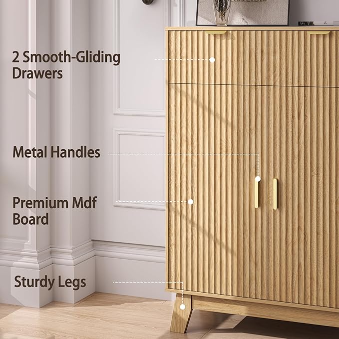 Fluted Shoe Cabinet, 4-Tier Mid Century Modern Narrow Shoe Storage Cabinet with Doors & 2 Drawers, Adjustable Shelves, Freestanding Hidden Shoe Rack Organizer & Wooden Legs for Entryway