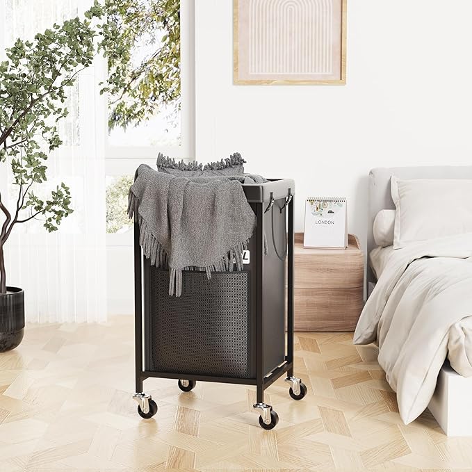 42 Gal Laundry Basket with Wheels, Heavy Duty Rolling Laundry Hamper, Oxford Fabric Dirty Clothes Hamper with Thick Iron Frame & Removable Bag, Large Hampers for Bathroom Bedroom Aesthetic, Black