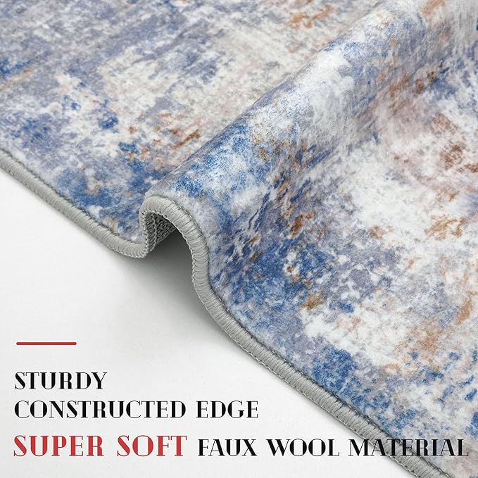 Modern Abstract Small Area Rug Indoor, Grey Blue Orange Multi 3x5 Washable Rug Non-Slip Soft Entryway Rug Kitchen Mats Thin Print Faux Wool Floor Carpet Colorful Throw Rugs for Entrance Bedroom