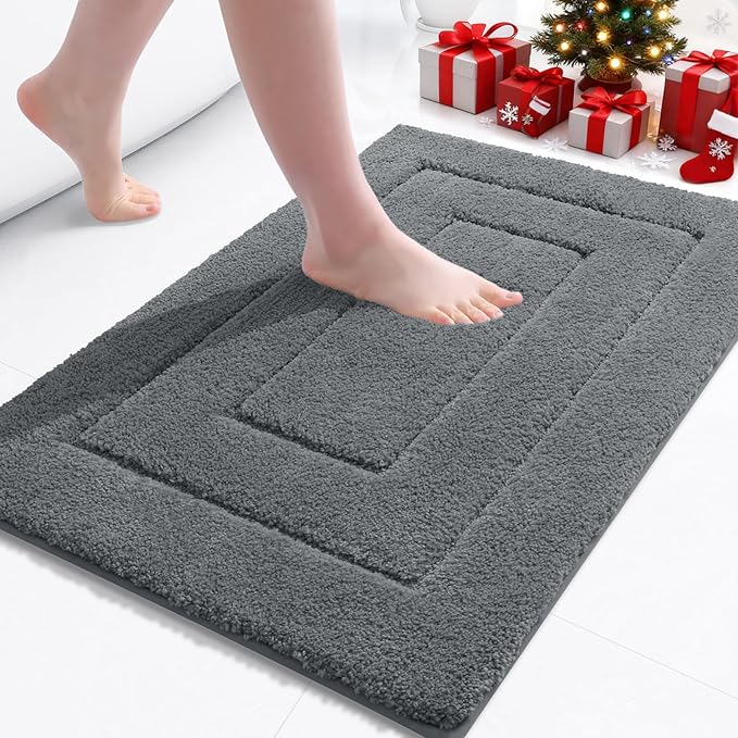 Buganda Bathroom Rugs, 24" x 16", Soft and Absorbent Microfiber Bath Rugs, Non-Slip Shaggy Shower Carpet, Machine Wash Dry Bath Mats for Bathroom Floor, Tub and Shower, Dark Grey