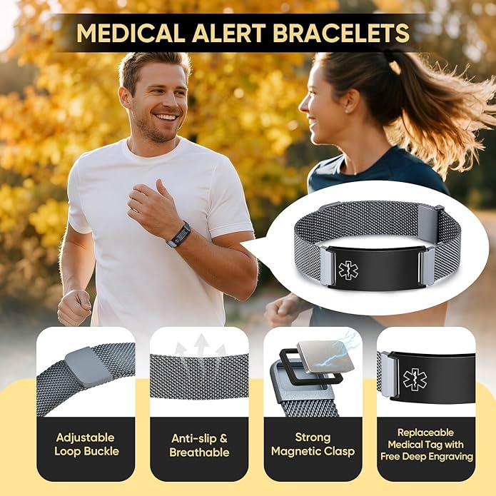 VNOX Medical Alert Id Bracelet for Men Women, Custom Engraving Adjustable Stainless Steel Customizable Mesh Emergency Survival Medic Bracelets Wristband Loop Band with Replacement Tag