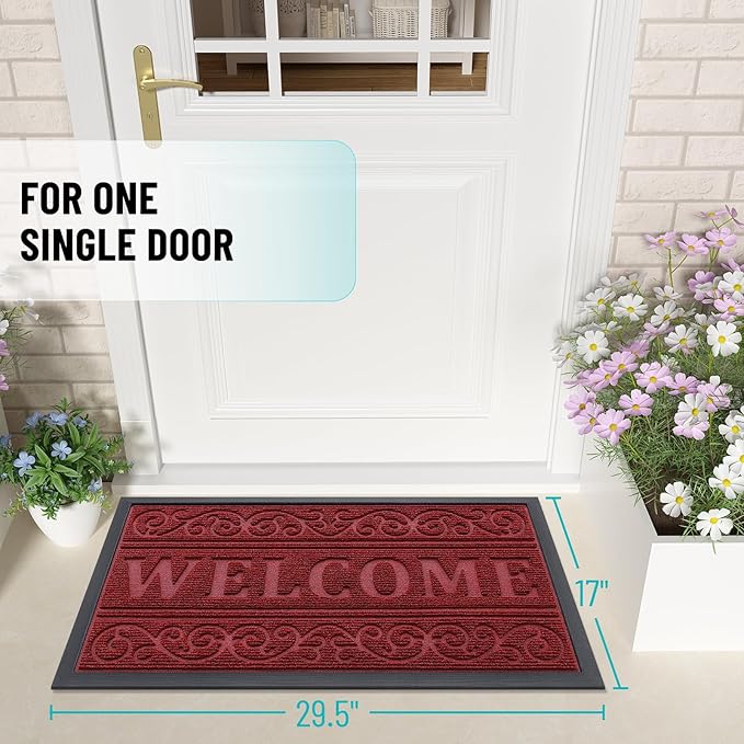 OLANLY Welcome Door Mat Indoor Outdoor Entrance, Heavy Duty Sturdy Front Door Mat, Waterproof All-Weather Doormat, Stain Resistant, Low Profile, Easy Clean Patio Entryway Mat, 29.5 x 17, Wine Red
