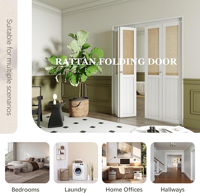 BARNER HOME Cane Bi-fold Doors - for 30in.x 80in.Door Opening, Webbing & Wood Folding Closet Doors with Hardware Kits, MDF, White Multifold Interior Doors