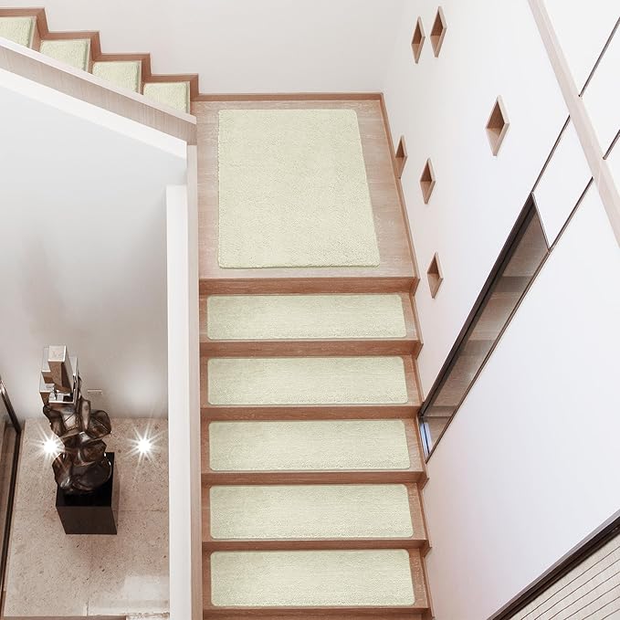 PURE ERA Carpet Stair Treads Ultra Plush 8 x 30 inch Soft Indoor Stair Protectors Pet-Friendly Non-Slip Skid Resistant Tape Free Washable Reusable(7 Pieces,Beige)