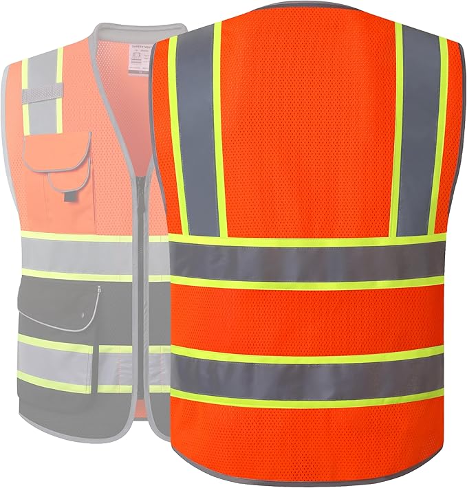 JKSafety 9 Pockets Hi-Vis Safety Vest High Visibility Reflecitive Mesh Safety Vests for Men and Women Cushioned Collar Work Utility PPE Work Gear ANSI/ISEA compliant Class 2 (101-OBlk 3XL)
