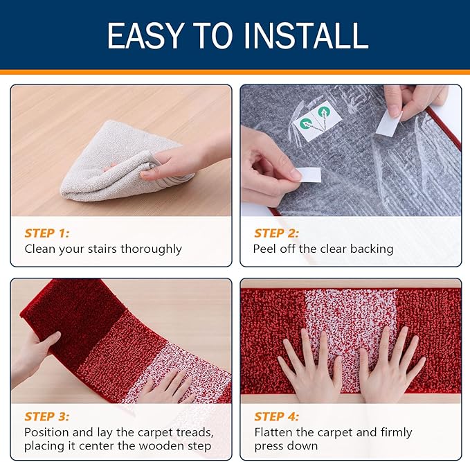 OLANLY Stair Treads Non Slip 15PCS, 8" x 30" Indoor Stair Runners for Wooden Steps, Edging Stair Rugs with Reusable Peel and Stick Adhesive for Kids Elders and Pets, Burgundy