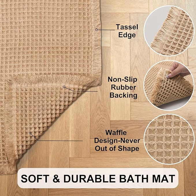 Hiasan Waffle Bath Mat, Super Absorbent Non Slip Bathroom Boho Rug with Tassels, Machine Washable Bath Mats for Bathroom, Ultra Soft Rubber Backed Rug, Brown, 24 x 60 Inches