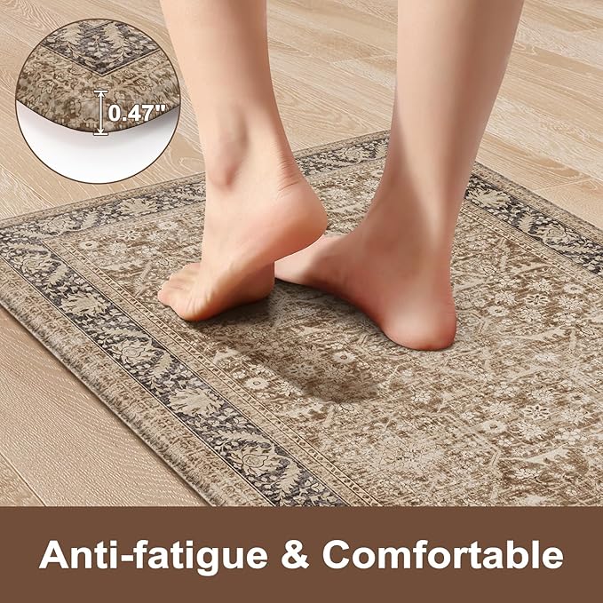 KIMODE Anti Fatigue Mats for Kitchen Floor, 20"x71" Boho Vintage Kitchen Runner Rug, Cushioned Floor Mat Non Slip, Memory Foam Standing Mat for Sink Laundry Office Desk Brown