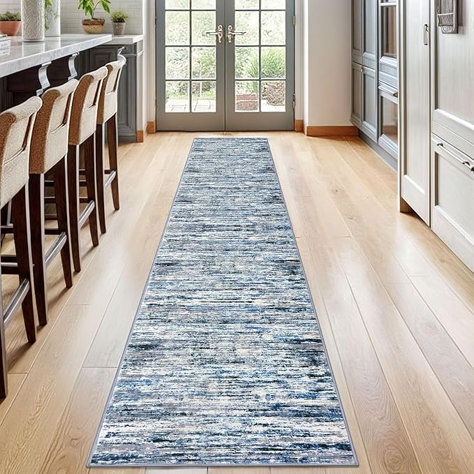 Modern Abstract Runner Rug 2x12, Grey Blue White Washable Long Kitchen Runner Non-Slip Soft Hallway Rug Runner Thin Print Faux Wool Carpet for Entryway Bedroom Laundry Room Indoor Home Decor