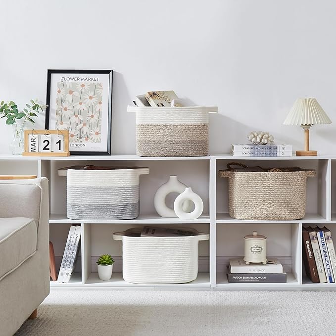 OIAHOMY Woven Storage Basket for Shelves, Rectangle Cotton Rope Baskets for Organizing, 13 x 10 x 9 in, Storage Bins for Dog Toys,Towel,Books,Gift,Grey