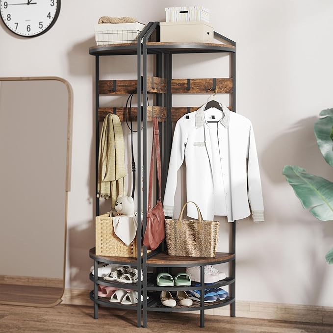 HOMCOM Corner Hall Tree, Industrial 4-Tier Coat Rack with Shoe Storage, 8 Movable Hooks and 2 Storage Shelves, Freestanding Entryway Coat Rack with Steel Frame for Hallway, Rustic Brown
