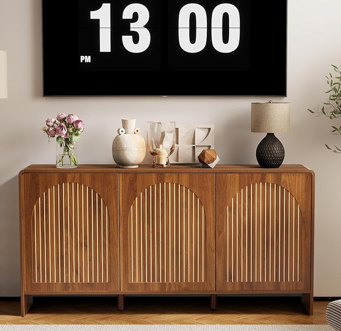 59" Sideboard Buffet Cabinet with Storage, Wood Arched TV Console Storage Cabinet with 3 Doors and Adjustable Shelf, Large Curved Accent Cabinet for Living Room Hallway Kitchen Dining Room, Walnut