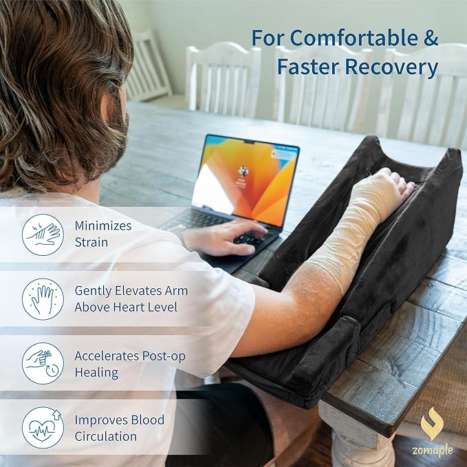 Zomaple Arm Elevation Pillow, Black – Reduce Swelling & Pain with Elbow Support – Adjustable, Gel-Infused Foam, Hot/Cold Gel Pack & Washable Cover – Arm Support Pillow for Post-Surgery Recovery