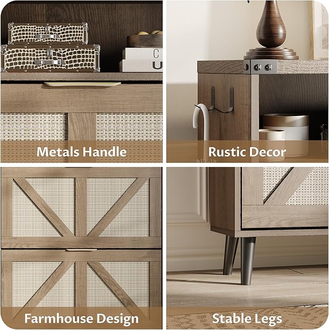 Shoe Cabinet with 2 Flip Drawers & Open Storage,Farmhouse Shoe Storage Cabinet for Entryway,Freestanding Narrow Organizer Rack with Legs,Foyer,Hallway,Rustic Oak Rattan