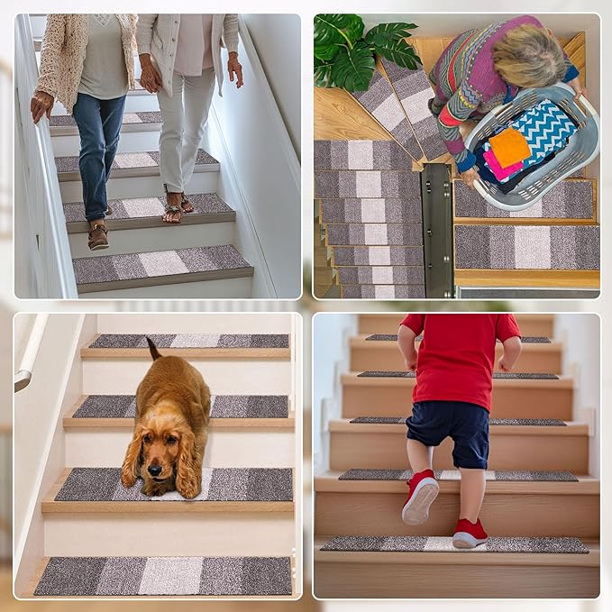 OLANLY Stair Treads Non Slip 15PCS, 8" x 30" Indoor Stair Runners for Wooden Steps, Edging Stair Rugs with Reusable Peel and Stick Adhesive for Kids Elders and Pets, Light Grey