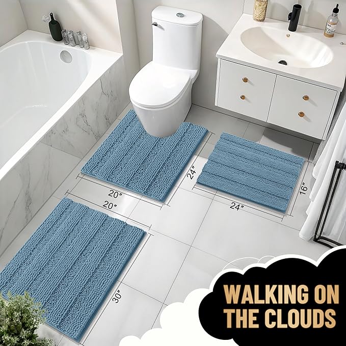 OLANLY Thick Bathroom Rugs 30x20, Extra Soft Absorbent Chenille Striped Bath Rugs, Rubber Backing, Machine Wash Dry, Bath Mats for Bathroom Floor, Tub and Shower, Home Decor Accessories, Airy Blue