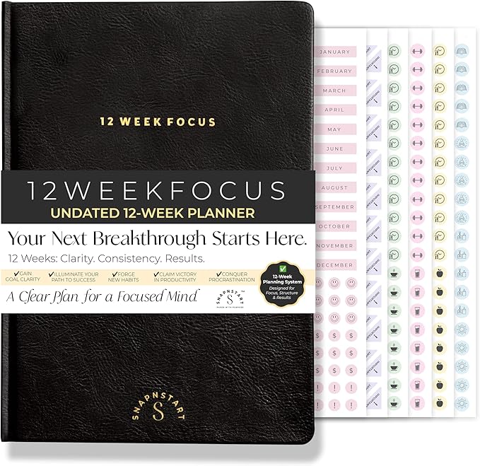 12 Week Focus Planner: High Performance Project Planner - Stay Focused and Achieve your Goals - Weekly and Daily Pages with Scientifically Proven Prompts - Undated, 7x10inch Black Hardcover