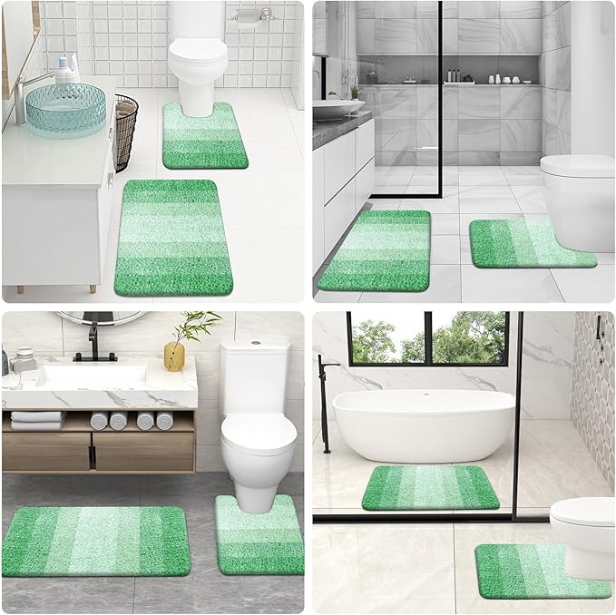 OLANLY Bathroom Rug Set 2 Piece, Soft Absorbent Microfiber Bath Mats and U-Shaped Contour Toilet Rug, Non-Slip, Machine Wash Dry, Plush Shaggy Bath Mats for Bathroom (30"x20"+24"x20", Green)