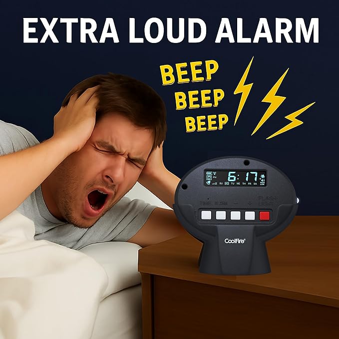Coolfire – Vibrating Alarm Clock for Heavy Sleepers | Auto Set Bed Shaker Super Loud Alarm Clock Under Pillow | Auto Set, Auto DST | Cordless Rechargeable, Hearing Impaired, LCD Backlight