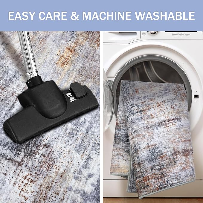 IOHOUZE Abstract Area Rugs 9x12 Ft Washable Large Rugs for Living Room, Non Slip Dining Room Rug, Printed Faux Wool Rugs for Bedroom, Floor Carpet for Office Nursery Playroom, Orange Grey