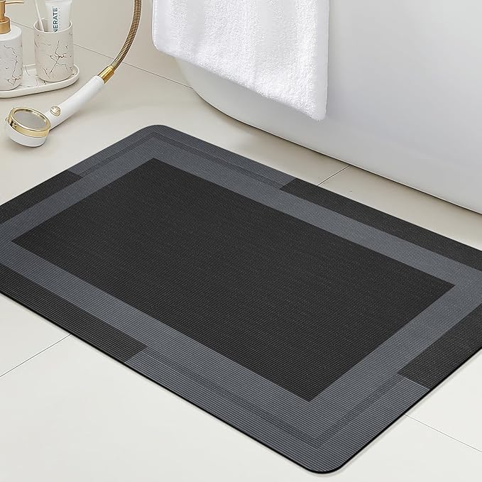 ACCUMTEK Ultra Thin Bath Mat, Upgrade Backing Non Slip Thin Bath Mats Fit Under Door, Quick Dry Ultra Absorbent Bathroom Rugs, Machine Washable Bath Rugs for Bathroom, Bathtub, Black/Bordered/32 x20