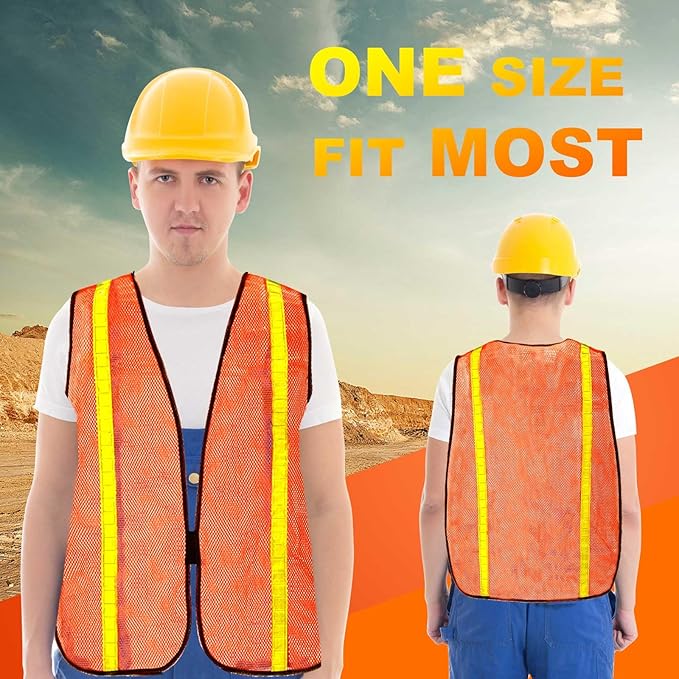 Haysandy 50 Pcs High Visibility Reflective Safety Vest Construction Vest Strips Neon Mesh Universal Size for Men Outdoor (Neon Orange)