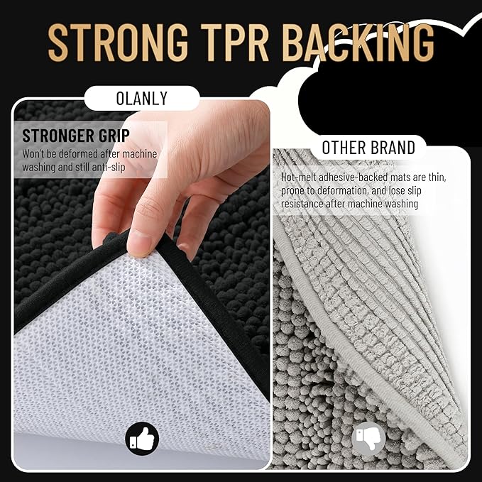 OLANLY Thick Bathroom Rugs 30x20, Extra Soft Absorbent Chenille Striped Bath Rugs, Rubber Backing, Machine Wash Dry, Bath Mats for Bathroom Floor, Tub and Shower, Home Decor Accessories, Black