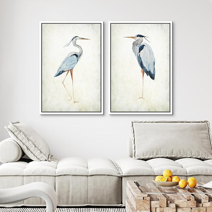 MUDECOR Framed Canvas Print Wall Art Heron Bird Illustrations Modern Art Decorative Bohemian Colorful Chic for Living Room, Bedroom, Office - 24"x36"x2 White