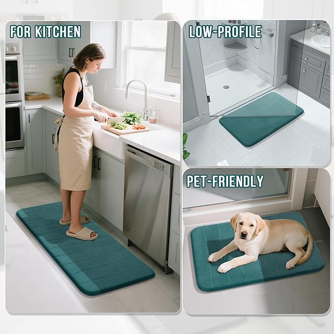 Yimobra 3 Pieces Memory Foam Bath Mat Set with U-Shaped Toilet Rug - Non Slip Super Soft Absorbent Quick Dry Bathroom Rugs for Bathtub, Vanity & Toilet Base, Teal