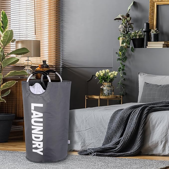 Large Laundry Basket Collapsible，Freestanding Clothes Hamper Bag with Handles – Tall Folding Dirty Laundry Bin，Sturdy Laundry Sorter for College Dorm，Laundry Room – 95L (Dark Grey)