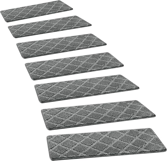 PURE ERA Carpet Stair Treads Tape Free Non Slip Indoor Stair Carpet Stair Protectors Pet-Friendly Non-Slip Skid Resistant Washable Reusable 8" x 30"(14 Pieces,Gray Diamond Trellis)