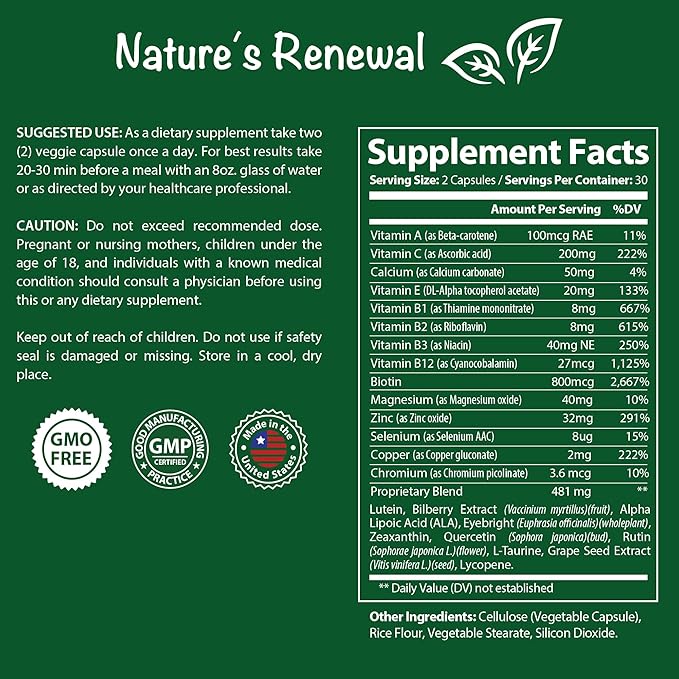 Nature's Renewal Eye Health Complex Supplement - Lutein, Zeaxanthin, Lycopene, Bilberry, Eyebright, Carotenoids, Macular Support Herbs, Sight Care Vitamins, Vision Antioxidants - 60 Capsules