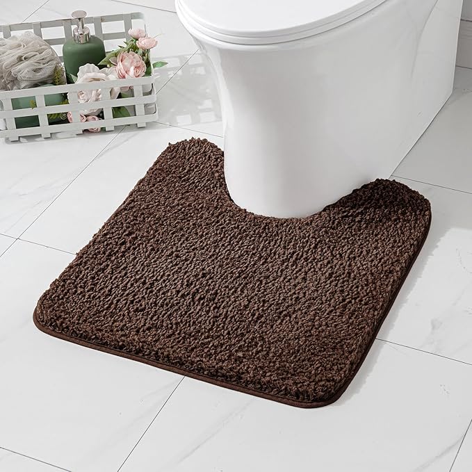 MIULEE Microfiber Toilet Bath Mat U-Shaped Contour Shaggy Bathroom Rugs Non Slip Extra Thick Soft Bath Rug Absorbent Water for Bathroom Commode Machine Washable(24x24 Inch, Brown)