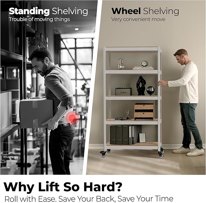 HOMEDANT House 5-Tier Metal Rolling Cart Shelf Rack Casters Heavy Duty Laminated Wheel Shelving Unit Adjustable Utility Storage Shelves Organizer Shelf Kitchen Garage (4, (S) 24.4" W, White)