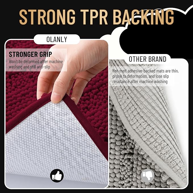 OLANLY Thick Bathroom Rugs 30x20, Extra Soft Absorbent Chenille Striped Bath Rugs, Rubber Backing, Machine Wash Dry, Bath Mats for Bathroom Floor, Tub and Shower, Home Decor Accessories, Burgundy