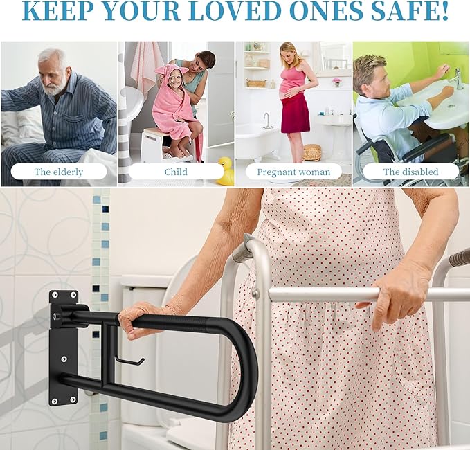Toilet Grab Bar 30.3 Inch Black, Munzong Anti-Slip Handicap Grab Bars with Paper Holder, Flip-Up Bathroom Safety Rails, Stainless Steel Knurled Support handrails for Seniors Elderly Disabled Pregnant