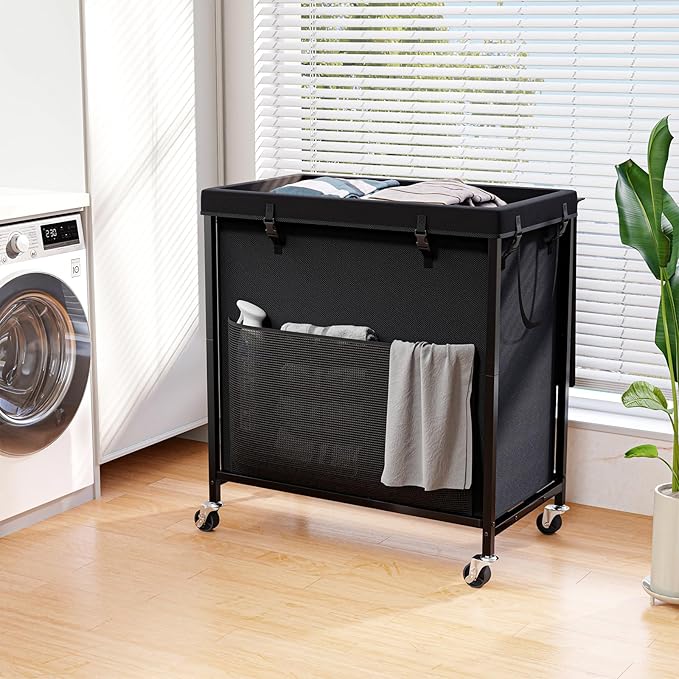 Laundry Hamper with Lid, 60 Gal Rolling Laundry Basket with Wheels, Large & Tall Dirty Clothes Hamper with Metal Frame and Removable Bag for Bedroom Aesthetic, Laundry Room, Bathroom, Dorm-Black