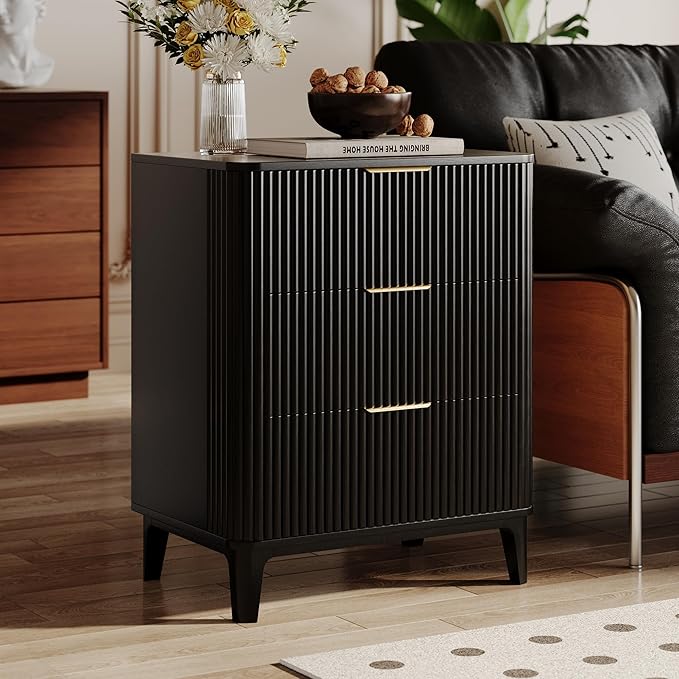 3 Drawer Nightstands Set of 2, 22.6" Mid Century Modern Night Stand, Large 3 Drawers Bedside Table with Quiet Drawers & Metal Handles, Fluted 3-Drawer Dresser Rustic Wood End Table Bedroom Black