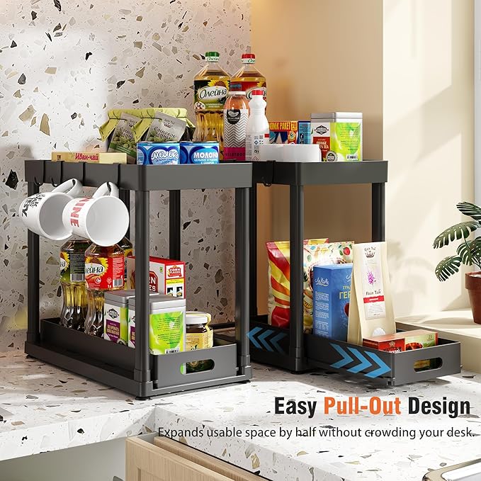 2 Pack Pull-Out Storage Organizers, Under Sink Organizer and Storage for Bathroom & Kitchen,Multi-Purpose Under Cabinet Organizers and storage Black