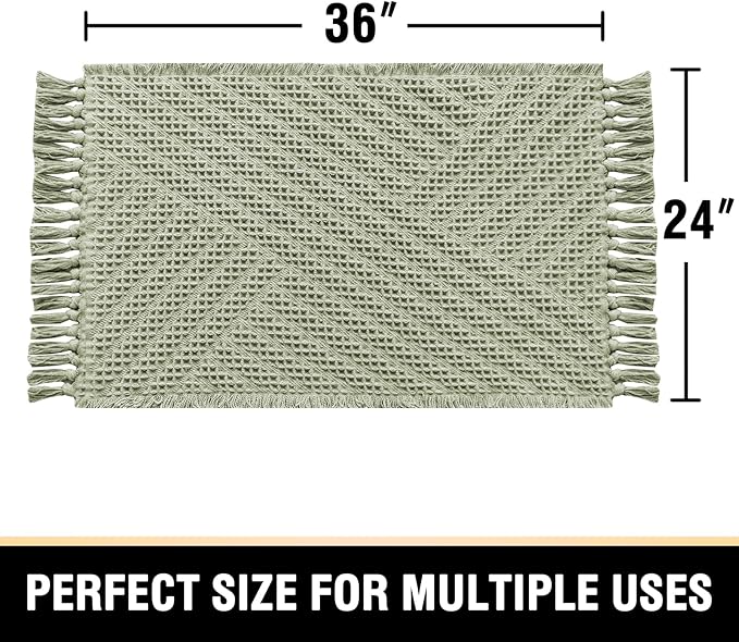H.VERSAILTEX Waffle Bath Mat Super Absorbent Boho Bath Mat Non Slip Bath Rugs for Bathroom Floor Machine Washable Dry Fast Bathroom Rugs with Handmade Tassels, 24" x 36", Sage