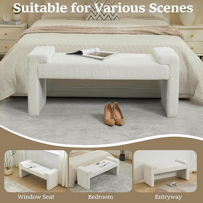 43" End of Bed Bench Upholstered Modern Bedroom Bench for Living Room & Entryway, Easy Assembly, Footrest Ottoman Accent Window Bench with Solid Wood Frame & Curved Arm, White