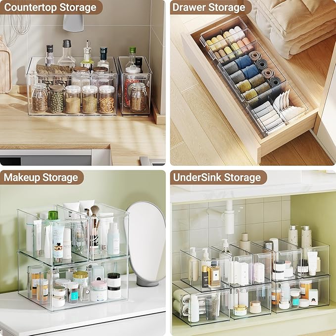 Clear Plastic Storage Bins with Dividers for Kitchen Pantry Organization, 6 Pack Large Thicken Stackable Storage Drawer Boxes for Refrigerator Cabinets Vanity Organizers and Storage, C6-4