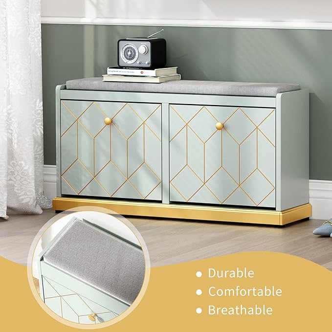 HLR Shoe Bench with Storage, Modern Entryway Bench with 2 Flip Drawer & Padded Cushion Seat, Shoes Storage Bench for Hallway, Closet, Living Room, Green Shoe Storage Cabinet with Bench