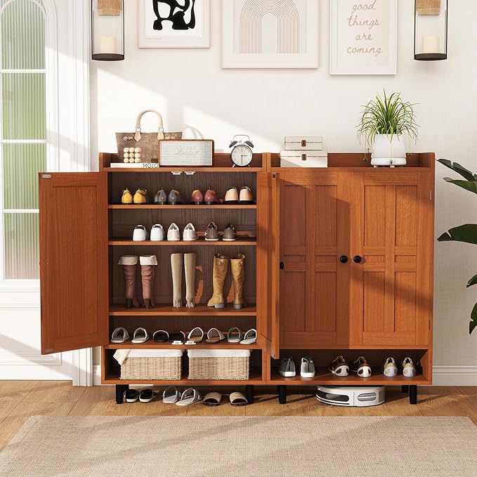 Entrance Shoe Cabinet with Doors,6-Tier Farmhouse Shoe Storage Organizer with Adjustable Shelves Holds 18-27 Pairs and Metal Legs, Entry Organizer Entryway, Living Room (Walnut)