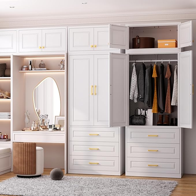Metal Wardrobe Armoire with Three Drawers, 86“ Tall Wardrobe Closet with Hanging Rod, Freestanding Storage Closet with Doors and Shelves for Bedroom, White, Assemble Required